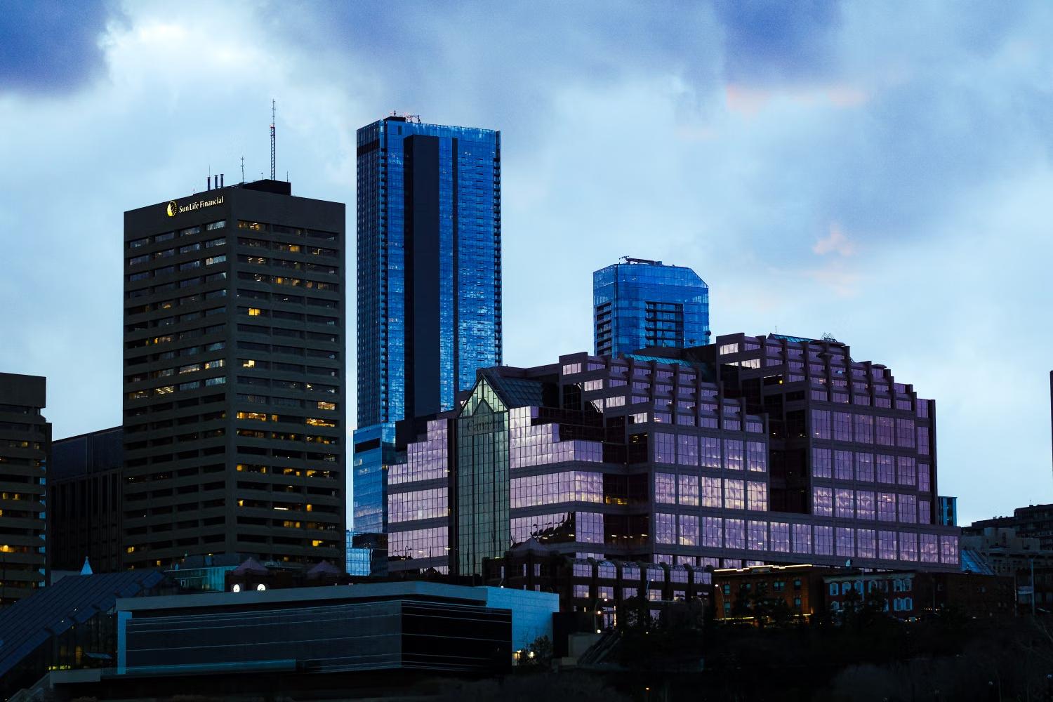 City skyline at dusk